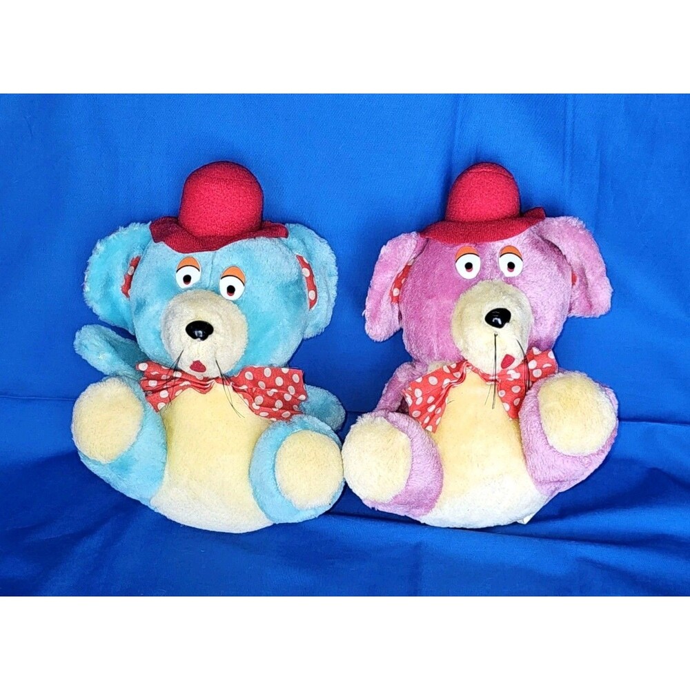 Vintage 1960s BJ Toy Co Plush Mouse Blue & Pink Stuffed Mice Hat Tie Whiskers